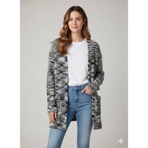 Rachel Zoe Open Front Cardigan Medium Black Gray Striped Knit Pockets Long‎